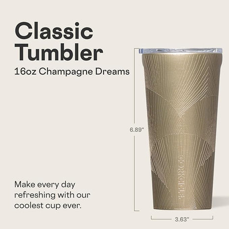 Corkcicle Classic Tumbler - Keeps Drinks Cold for 9 Hours & Hot for 3 - Triple-Insulated Stainless Steel - Holiday Tumbler Gift - 16 oz - Champagne Dreams