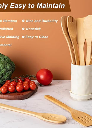 Wooden Spoons for Cooking 7-Piece, Kitchen Nonstick Bamboo Cooking Utensils Set, Durability Wooden Spatula Spoon for Everyday Use, Smooth Edge