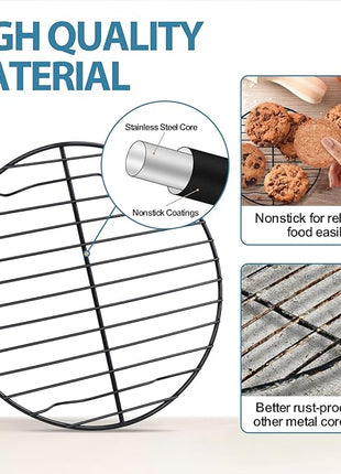 P&P CHEF Round Cooling Rack Set, Round Wire Racks for Cooking Baking, Fit Air Fryer & Oven, Stainless Steel Core with Nonstick Coatings, Black, 3 PCS - 7.5 & 9 & 10.5 Inch