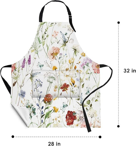 Britimes Apron Home Kitchen Cooking Baking Gardening for Women Men With Pockets Wildflower Flower Floral Boho Butterfly Hydrangea 32x28 inch