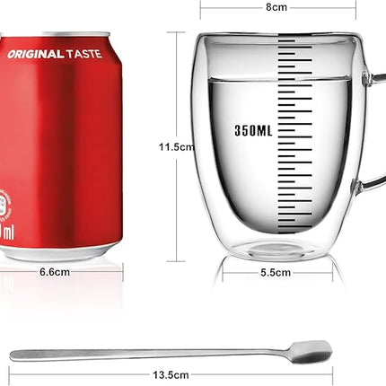 LIBWYS 6 Pack Double Walled Coffee Cups Glasses Mugs, 12oz Espresso Cappuccino Latte Tea Cups with Handle, Heat Resistant Borosilicate Clear Glasses 350ml