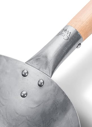 Craft Wok Flat Hand Hammered Carbon Steel Pow Wok with Wooden and Steel Helper Handle (12 Inch, Flat Bottom) / 731W316-12in