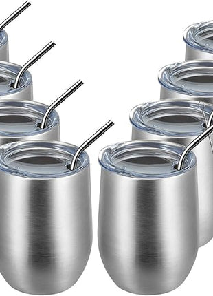 MEWAY 12oz/8 Pack Wine Tumbler Glasses with Lid - Stemless Double Wall Vacuum Stainless Steel Travel Tumbler - Keeping Cold & Hot for Wine,Coffee,Cocktails,Drinks-Family and Gifts (Silver,Set of 8)