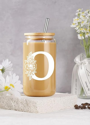 Coolife Initial Glass Cup, Monogrammed Gifts for Women, 16 oz Glass Cups w/Lids Straws, Iced Coffee Smoothie Beer Tumbler w/Straw Lid - Personalized Christmas, Birthday Gifts for Her Mom Friend Woman