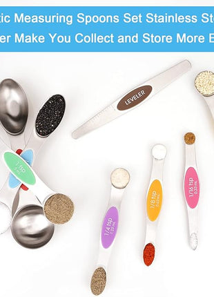 Aovchei 8 PCS Magnetic Measuring Spoons Set, Dual Sided, Stainless Steel Small Tablespoon, Teaspoons, Fits in Spice Jars, for Dry and Liquid, Multi-Color