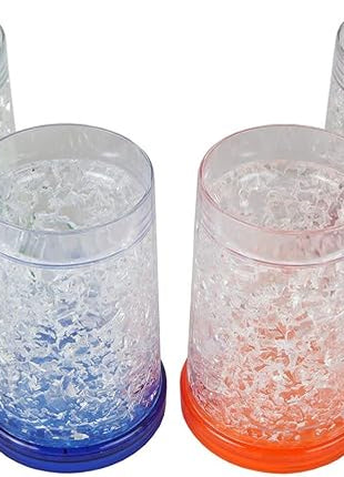 Lily's Home 16oz set of 4 Double Wall Gel-Filled Acrylic Freezer Stein Mugs, Great as Old Fashion Drinking Glasses at BBQs and Parties, Clear with Assorted Color Accents