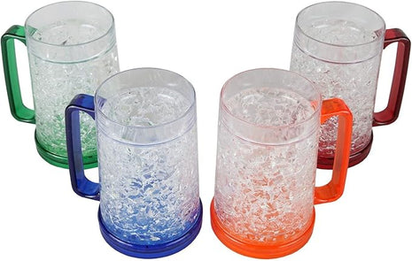 Lily's Home 16oz set of 4 Double Wall Gel-Filled Acrylic Freezer Stein Mugs, Great as Old Fashion Drinking Glasses at BBQs and Parties, Clear with Assorted Color Accents