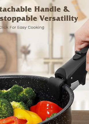 17 Pcs Pots and Pans Set Non Stick, Cookware Sets with Detachable Handle, Nonstick RV Kitchen Cooking Tools Removable Handles, Oven Safe, Induction Fast, Stackable Induction Cookware, Black