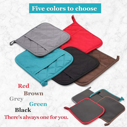 Cotton and Neoprene Oven Pads Pot Holders with Pocket 8"x8.5" Dual-Function Hot Pad Set for Finger Hand Wrist Protection Heat Resistant to 428°F Red