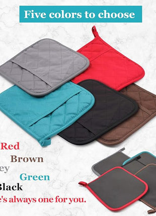 Cotton and Neoprene Oven Pads Pot Holders with Pocket 8"x8.5" Dual-Function Hot Pad Set for Finger Hand Wrist Protection Heat Resistant to 428°F Brown
