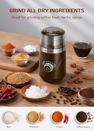 SHARDOR Electric Super Silent Blade Coffee Grinder, Timed Grind Control Rotary Knob, Adjustable Coarse to Fine for Coffee Beans, Spices & Herbs, with 1 Removable Stainless Steel Bowl, Brown