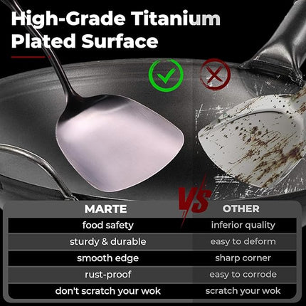 MARTE 18/10 Stainless Steel Cooking Utensil Set with Holder - 5 PCS Kitchen Serving Utensils Set - Spatula,Soup Ladle,Skimmer Slotted Spoon,Turner Spatula - Black Cooking Tools - Dishwasher Safe