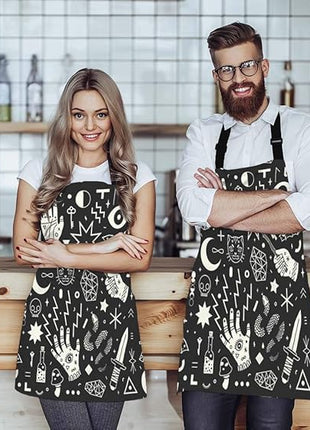 EKOBLA Magical Witchcraft Aprons Hand Eyes Moon Skull Cat Bat Snake Dagger Mushroom Key Waterproof Resistant Chef Cooking Kitchen BBQ Adjustable Aprons for Women Men 27x31 Inch