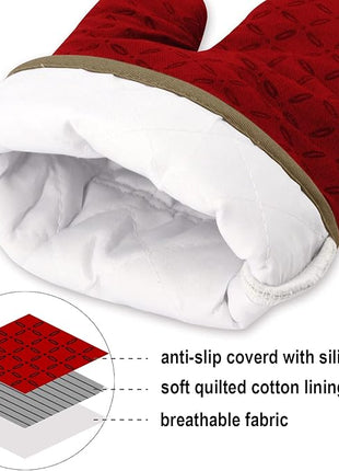 KEGOUU Oven Mitts and Pot Holders 6pcs Set, Kitchen Oven Glove High Heat Resistant 500 Degree Extra Long Oven Mitts and Potholder with Non-Slip Silicone Surface for Cooking (Red)