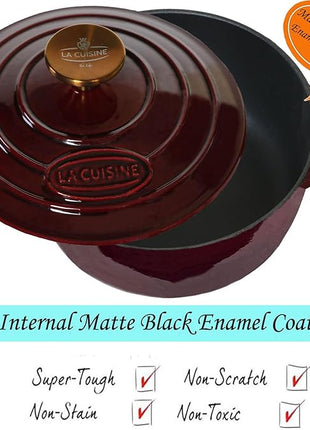La Cuisine Enameled Cast Iron Dutch Oven Casserole Pot with Lid 6.5 QT 11" /28cm Dia. Internal Matte Black Enamel Coating Gold-Plated SS Lid Handle Oven Safe up to 500° F for bread baking, Cranberry