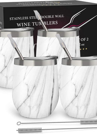 CHILLOUT LIFE 12 oz Stainless Steel Wine Tumblers 4 Pack - Double Wall Vacuum Insulated Wine Glasses Cups with Lids and Straws Set Keeping Cold & Hot for Coffee, Beer, Ice Cream - Carrara Marble