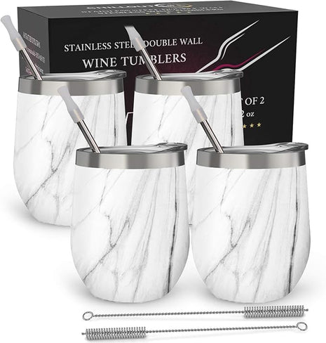 CHILLOUT LIFE 12 oz Stainless Steel Wine Tumblers 4 Pack - Double Wall Vacuum Insulated Wine Glasses Cups with Lids and Straws Set Keeping Cold & Hot for Coffee, Beer, Ice Cream - Carrara Marble
