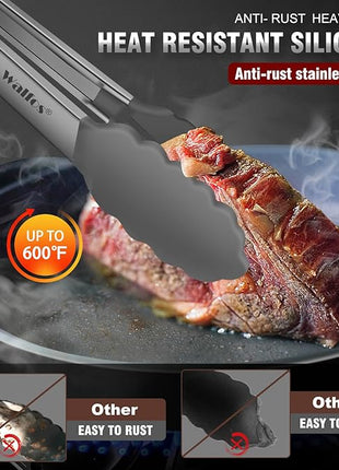 Walfos 600 Degree Heat Resistant Silicone Tongs for Cooking - Kitchen Tongs With Silicone Tips set of 3 size Food Looking Tongs (7" 9" and 12 inch Dark Grey)