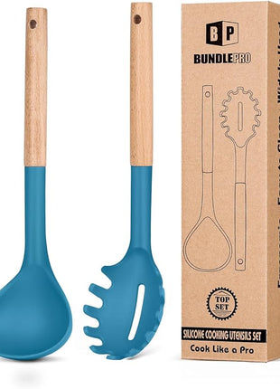 Silicone Pasta Fork and Ladle Spoon Set with Wooden Handle, Heat Resistant Non Stick Kitchen Utensils for Cooking, Stirring, Serving Spaghetti, Soup, Sauce(BLUE)