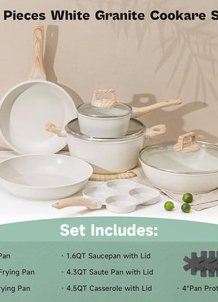 13 Pcs Pots and Pans Set, Nonstick Cookware Sets White Granite Induction Cookware, Non-toxic Healthy Non stick Kitchen Cooking Set with Frying Pans Set, Saucepans (PFAS/PFOA/PFOS Free)