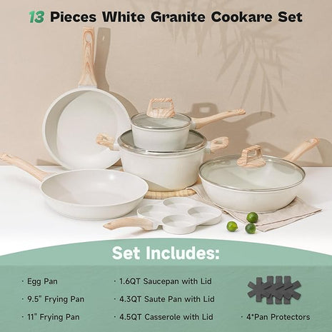 13 Pcs Pots and Pans Set, Nonstick Cookware Sets White Granite Induction Cookware, Non-toxic Healthy Non stick Kitchen Cooking Set with Frying Pans Set, Saucepans (PFAS/PFOA/PFOS Free)