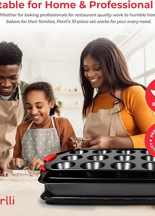 PERLLI Non-Stick 10-Piece Baking Pan Set, BPA-Free Carbon Steel Bakeware Set with Silicone Handles, Stackable Kitchen Oven Set, Cookie Sheet, Baking Tray, Baking Sheet Set, Oven Safe (446°F)