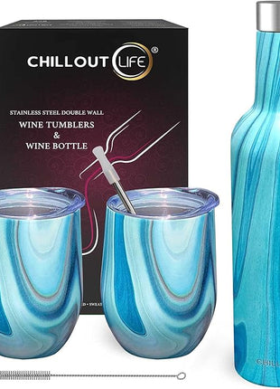 CHILLOUT LIFE 12 oz Stainless Steel Wine Tumblers 2 Pack & 1 Insulated Wine Bottle - Double Wall Vacuum Insulated Wine Glasses Cups with Lids and Straws Set Keeping Cold & Hot Gift Set