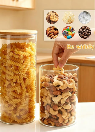 Airtight Glass Jars with Bamboo Lids, Glass Food Storage Containers Set - Set of 5 Kitchen Canisters for Sugar, Candy, Cookie, Rice and Spice Jars