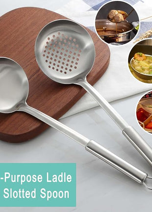 Pleafind 2-Pcs Ladle and Slotted Spoon, Soup Ladle and Strainer Spoons, Stainless Steel Cooking Spoon and Skimmer Spoons, Kitchen Utensils, Wok Utensils for Home and Restaurant, Dishwasher Safe
