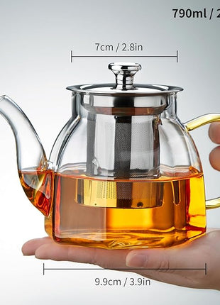 Glass Tea Pot with Stainless Steel Infuser and Lid (Octagonal), Clear Glass Teapot, Borosilicate Hydrochloric Glass Heat Resistant, Fine Glass Filter for Flower Tea, Tea Bags (27 oz / 800 ml)
