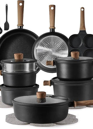 CAROTE 24Pcs Nonstick Kitchen Cookware Sets, Non stick Pots and Pans set, Induction Cookware Set Black