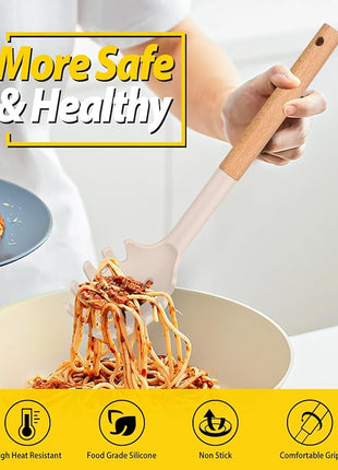 Silicone Pasta Fork and Ladle Spoon Set with Wooden Handle, Heat Resistant Non Stick Kitchen Utensils for Cooking, Stirring, Serving Spaghetti, Soup, Sauce(KHAKI)