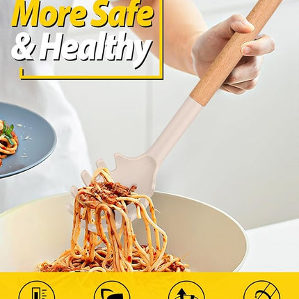 Silicone Pasta Fork and Ladle Spoon Set with Wooden Handle, Heat Resistant Non Stick Kitchen Utensils for Cooking, Stirring, Serving Spaghetti, Soup, Sauce(KHAKI)