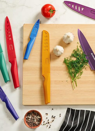 Astercook Knife Set, 12 Pcs Color-Coded Kitchen Knives Set, 6 Color Anti-Rust Coating Stainless Steel Chef Knife Sets with 6 Blade Guards Dishwasher Safe