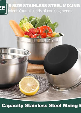 Umite Chef Mixing Bowls with Airtight Lids，6 piece Stainless Steel Metal Nesting Storage Bowls, Non-Slip Bottoms Size 7, 3.5, 2.5, 2.0,1.5, 1QT, Great for Mixing & Serving(Black)
