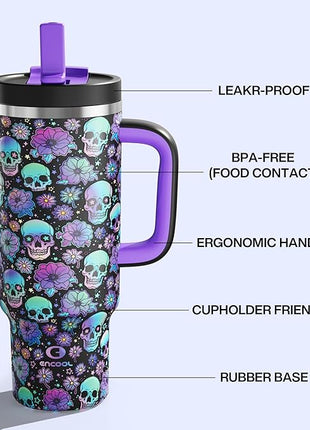 ENCOOL 40oz Halloween Tumbler with Handle and Straw, Stainless Steel Insulated Water Bottle with Straw, Leak-Proof, Cup Holder Friendly, Keeps Cold 24 H, Gifts for Women Men, Floral Afterlife