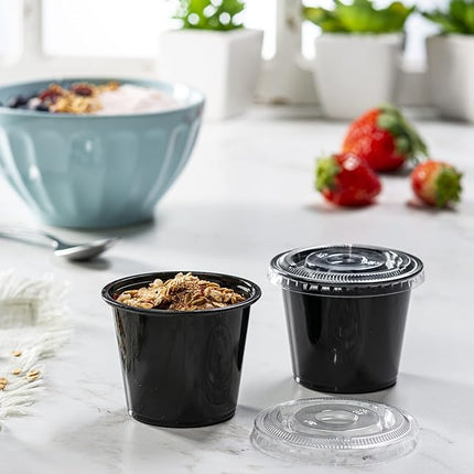 (5 oz - 100 Sets) Black Diposable Plastic Portion Cups With Lids, Small Mini Containers For Portion Controll, Jello Shots, Meal Prep, Sauce Cups, Slime, Condiments, Medicine, Disposable Souffle Cups