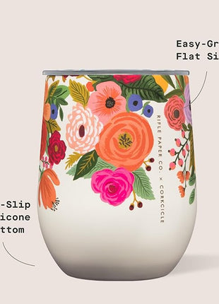 Corkcicle Stemless Insulated Wine Glass Tumbler - Keeps Beverages Cold 6 Hrs Hot 3 Hrs - Stainless Steel - Easy-Grip - Summer Drinkware Gift - Keeps Drinks Ice Cold - 12 oz - Garden Party