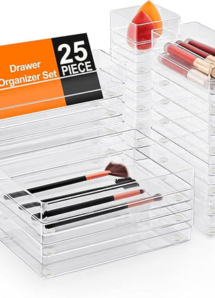 SMARTAKE 25-Piece Drawer Organizer with Non-Slip Silicone Pads, 4-Size Desk Drawer Organizer Trays Storage Tray for Makeup, Jewelries, Utensils in Bedroom Dresser, Office and Kitchen (Clear)