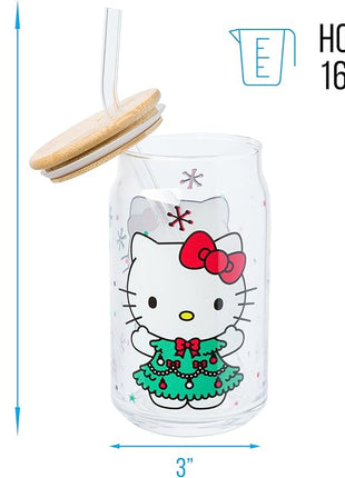 Silver Buffalo Sanrio Hello Kitty Holiday Glass Tumbler with Bamboo Lid and Glass Straw, 16 Ounces