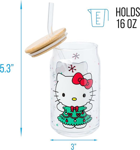Silver Buffalo Sanrio Hello Kitty Holiday Glass Tumbler with Bamboo Lid and Glass Straw, 16 Ounces