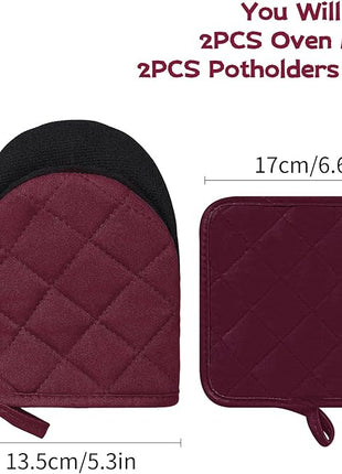 Oven Mitts and Pot Holders Set, Pack of 4, Heat Resistant Silicone Kitchen Mini Oven Mittens for 500 Degrees, Mini Oven Gloves and Hot Pads for Baking Grilling Barbecue Microwave Machine Washable