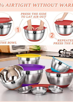 Umite Chef Mixing Bowls with Airtight Lids Set, 8PCS Stainless Steel Nesting Bowls Set, 3 Grater Attachments & Non-Slip Bottoms, Size 5, 4, 3.5, 2, 1.5QT for Baking & Mixing(Colorful)