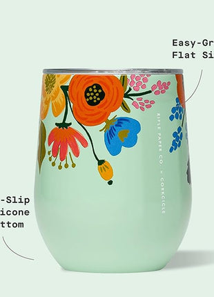 Corkcicle Stemless Insulated Wine Glass Tumbler - Keeps Beverages Cold 6 Hrs Hot 3 Hrs - Stainless Steel - Easy-Grip - Gift for Mom - Great for Mother's Day or Christmas - 12 oz - Mint Lively Floral