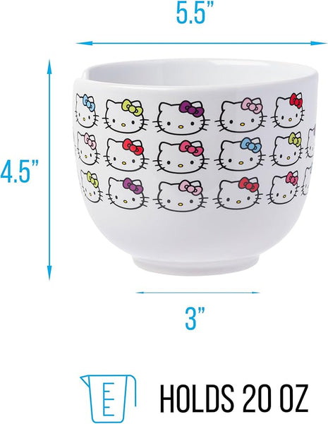 Silver Buffalo Sanrio Hello Kitty Face with Different Color Bows Pattern Ceramic Ramen Noodle Rice Bowl with Chopsticks, Microwave Safe, 20 Ounces