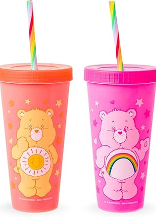 Silver Buffalo Care Bears Hearts and Stars 4 Pack Plastic Color Changing Tumblers with Rainbow Swirl Straws Featuring Tenderheart, Funshine, Cheer, and Grumpy Bear 24 Ounces