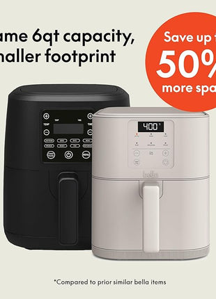 bella 6 Qt Slim Air Fryer, Fits-anywhere™ Kitchenware, EverGood™ Ceramic Nonstick Coating, Adjustable Temperature, 6 Preset Cooking Options, 60 Min Auto Shutoff w Audible Tone, 5lb Capacity, Oatmilk