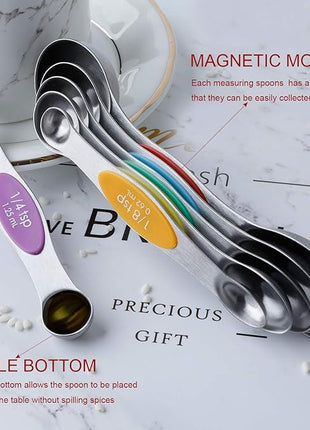 Magnetic Measuring Spoons Set Stainless Steel Stackable Dual Sided Teaspoons and Tablespoons for Measuring Dry and Liquid Ingredients Set of 6