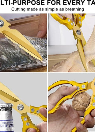 CGBE Kitchen Scissors, Multi-Purpose Kitchen Shears, Heavy Duty Dishwasher Safe Food Scissors for Chicken, Poultry, Fish, Meat & Herbs with Non-Slip Grips - ALL Gold