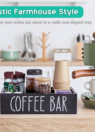 ALEION Coffee Station Organizer - Wood Countertop Accessories Organizer with Removable Dividers for Pods Condiment Syrup Tea Cups Stirrers - for Farmhouse Coffee Bar Decor